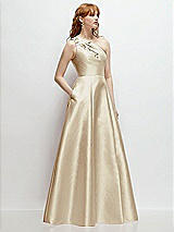 Side View Thumbnail - Champagne One-Shoulder Full A-Line Satin Gown with Handworked Floral Appliqué