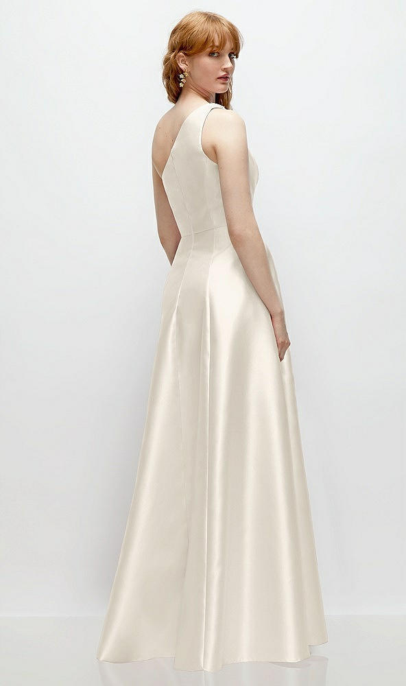 Back View - Ivory One-Shoulder Full A-Line Satin Gown with Handworked Floral Appliqué