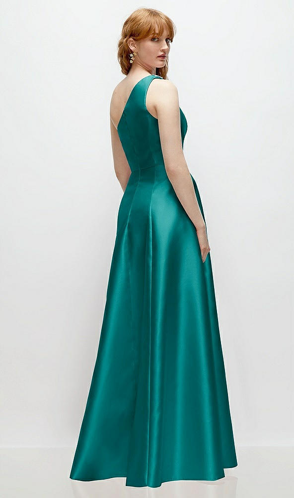 Back View - Jade One-Shoulder Full A-Line Satin Gown with Handworked Floral Appliqué