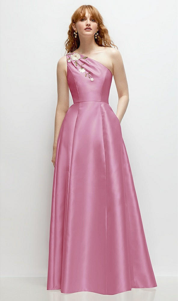 Front View - Powder Pink One-Shoulder Full A-Line Satin Gown with Handworked Floral Appliqué