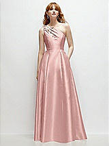 Front View Thumbnail - Rose One-Shoulder Full A-Line Satin Gown with Handworked Floral Appliqué