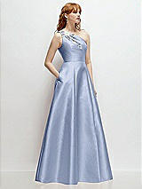 Side View Thumbnail - Sky Blue One-Shoulder Full A-Line Satin Gown with Handworked Floral Appliqué