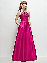 Side View Thumbnail - Think Pink One-Shoulder Full A-Line Satin Gown with Handworked Floral Appliqué