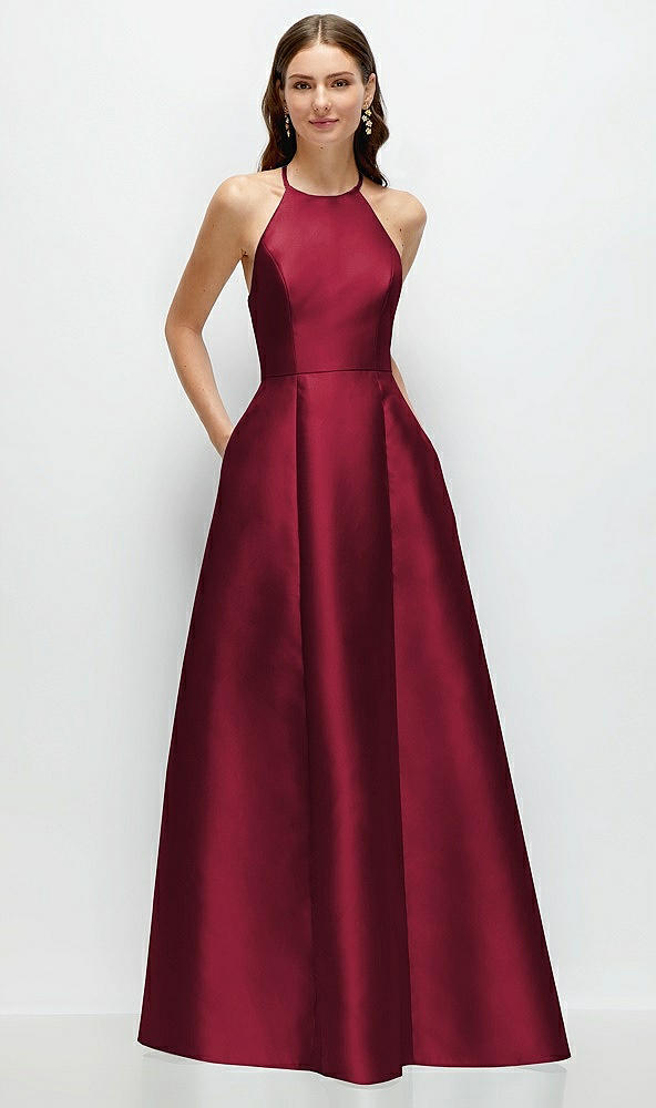 Front View - Burgundy Jewel Neck Halter Full A-Line Satin Maxi Dress