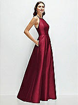 Side View Thumbnail - Burgundy Jewel Neck Halter Full A-Line Satin Maxi Dress