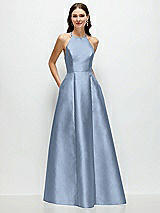 Front View Thumbnail - Cloudy Jewel Neck Halter Full A-Line Satin Maxi Dress