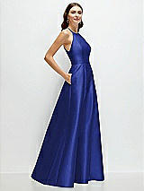 Side View Thumbnail - Cobalt Blue Jewel Neck Halter Full A-Line Satin Maxi Dress