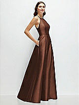 Side View Thumbnail - Cognac Jewel Neck Halter Full A-Line Satin Maxi Dress