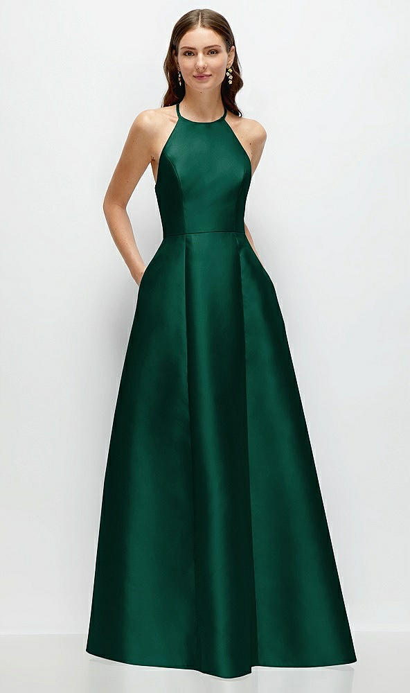 Front View - Hunter Green Jewel Neck Halter Full A-Line Satin Maxi Dress