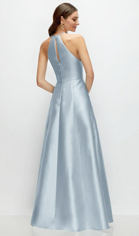 Back View - Mist Jewel Neck Halter Full A-Line Satin Maxi Dress