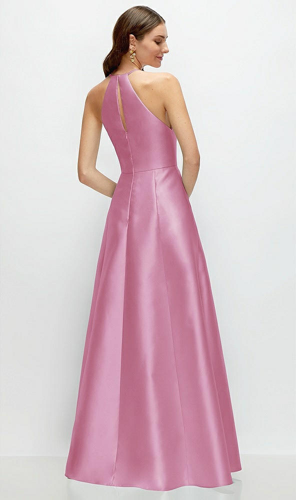 Back View - Powder Pink Jewel Neck Halter Full A-Line Satin Maxi Dress