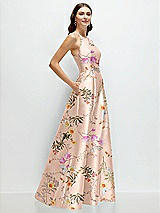 Side View Thumbnail - Butterfly Botanica Pink Sand Jewel Neck Halter Full A-Line Satin Floral Maxi Dress