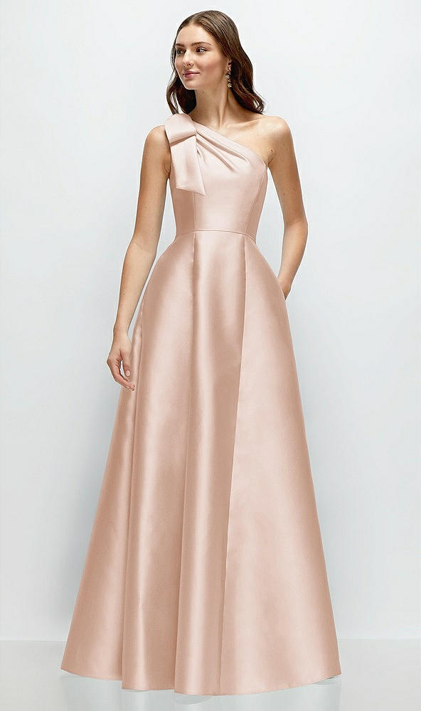 Front View - Cameo Bow One-Shoulder Full A-Line Satin Maxi Dress