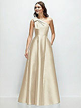 Front View Thumbnail - Champagne Bow One-Shoulder Full A-Line Satin Maxi Dress