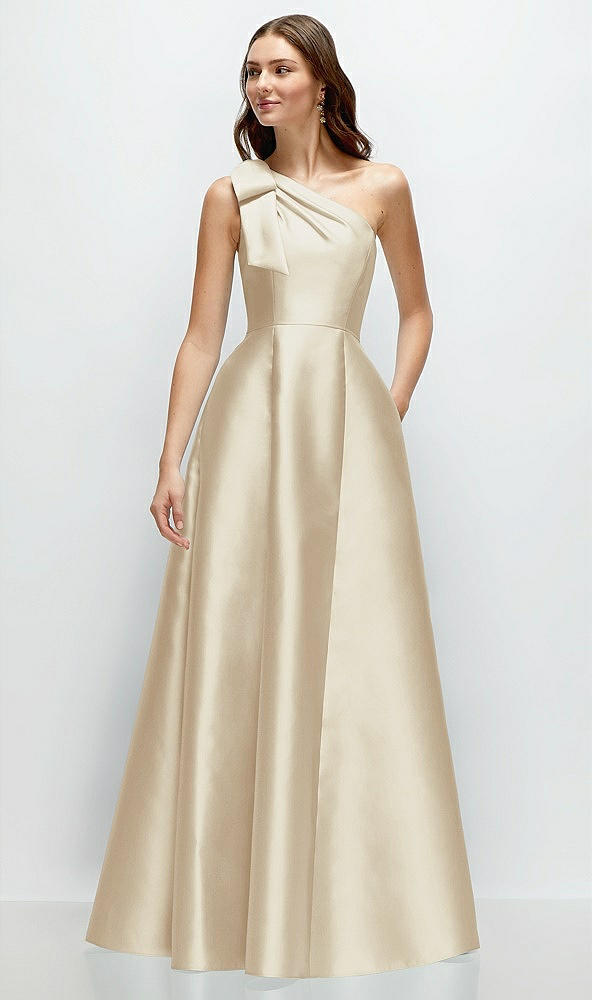 bow one-shoulder full a-line satin maxi dress