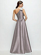 Rear View Thumbnail - Cashmere Gray Bow One-Shoulder Full A-Line Satin Maxi Dress