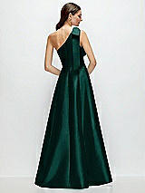 Rear View Thumbnail - Evergreen Bow One-Shoulder Full A-Line Satin Maxi Dress