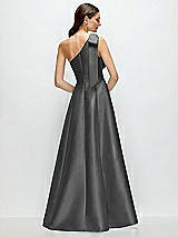 Rear View Thumbnail - Gunmetal Bow One-Shoulder Full A-Line Satin Maxi Dress