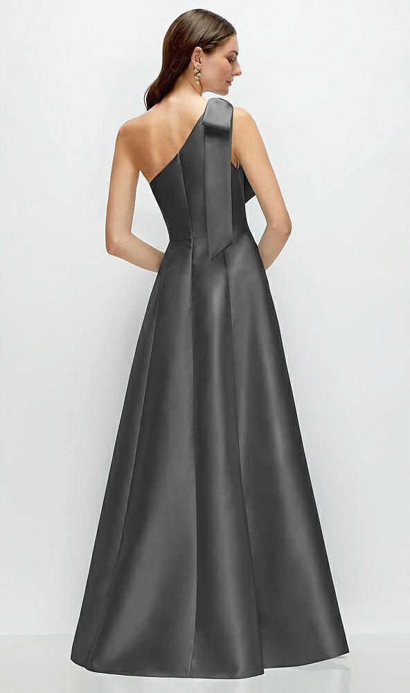 Back View - Gunmetal Bow One-Shoulder Full A-Line Satin Maxi Dress