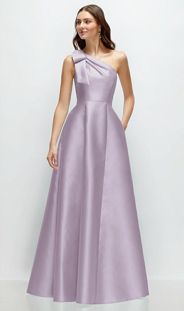 Front View - Lilac Haze Bow One-Shoulder Full A-Line Satin Maxi Dress