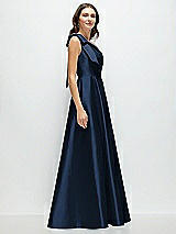 Side View Thumbnail - Midnight Navy Bow One-Shoulder Full A-Line Satin Maxi Dress