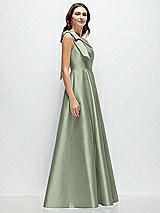 Side View Thumbnail - Sage Bow One-Shoulder Full A-Line Satin Maxi Dress