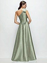 Rear View Thumbnail - Sage Bow One-Shoulder Full A-Line Satin Maxi Dress