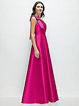 Side View Thumbnail - Think Pink Bow One-Shoulder Full A-Line Satin Maxi Dress