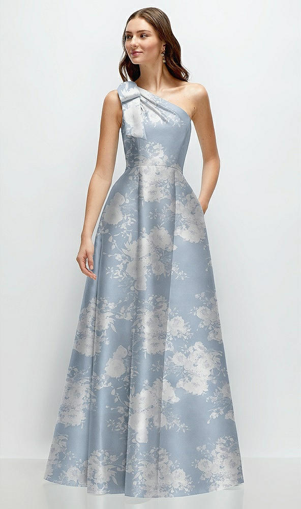 Front View - Porcelain Blue Seraphina Floral Bow One-Shoulder Full A-Line Floral Satin Maxi Dress