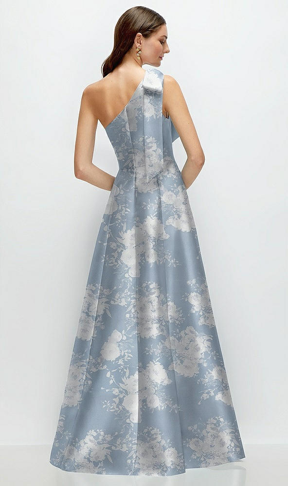 Back View - Porcelain Blue Seraphina Floral Bow One-Shoulder Full A-Line Floral Satin Maxi Dress