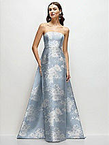 Front View Thumbnail - Porcelain Blue Seraphina Floral Strapless Floral Satin Column Dress with Removeable Watteau Train