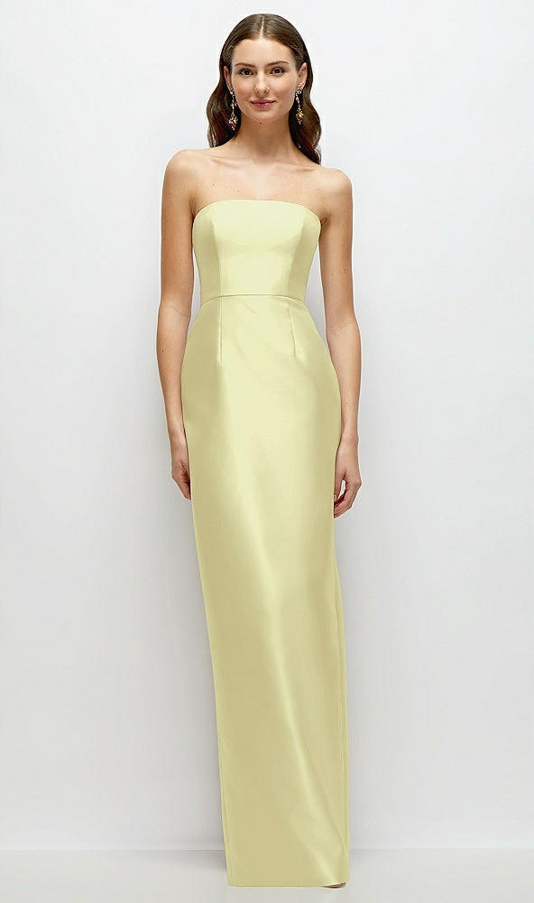 Front View - Butter Yellow Strapless Satin Column Dress with Back Slit