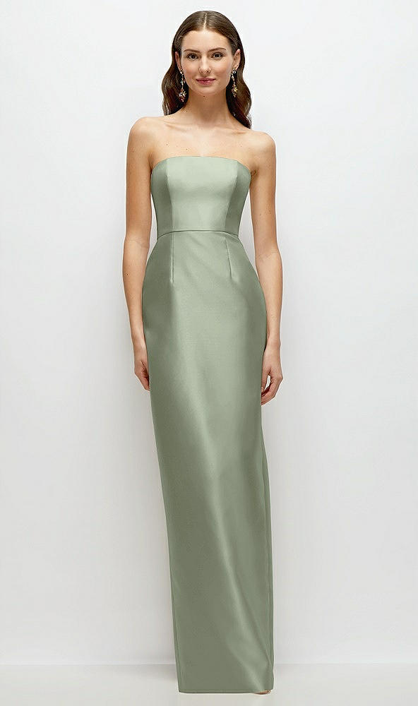 Front View - Sage Strapless Satin Column Dress with Back Slit