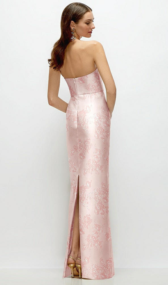 Back View - Bow And Blossom Print Strapless Floral Satin Column Dress with Back Slit