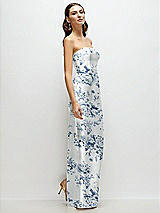 Side View Thumbnail - Cottage Rose Larkspur Strapless Floral Satin Column Dress with Back Slit