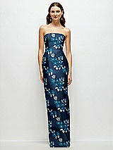 Front View Thumbnail - Midnight Navy Damask Midnight Navy Strapless Baroque Rose Damask Column Dress with Back Slit