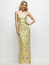 Front View Thumbnail - Golden Yellow Golden Yellow Strapless Floral Jacquard Column Dress with Back Slit