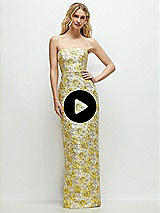 Video 1 Thumbnail - Golden Yellow Golden Yellow Strapless Floral Jacquard Column Dress with Back Slit