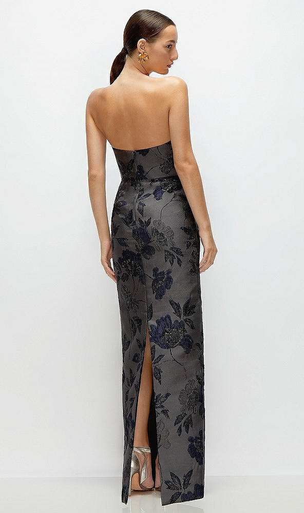 Back View - Noir Midnight Navy Noir Midnight Navy Strapless Floral Metallic Jacquard Column Dress with Back Slit