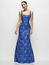 Front View Thumbnail - Cobalt Jacquard Cobalt Blue Floral Metallic Jacquard Square Neck Maxi Dress with Trumpet Skirt