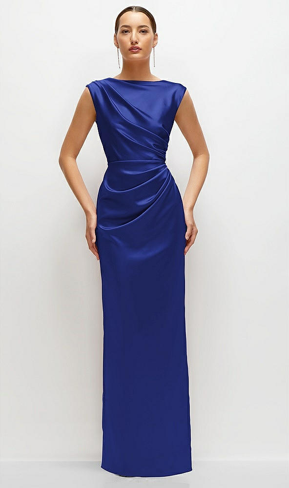 Front View - Cobalt Blue High Neck Sleeveless Cap Shoulder Satin Maxi Dress