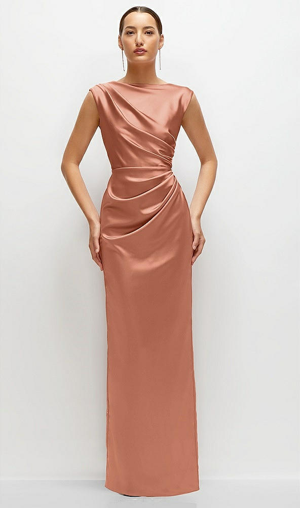 Front View - Copper Penny High Neck Sleeveless Cap Shoulder Satin Maxi Dress