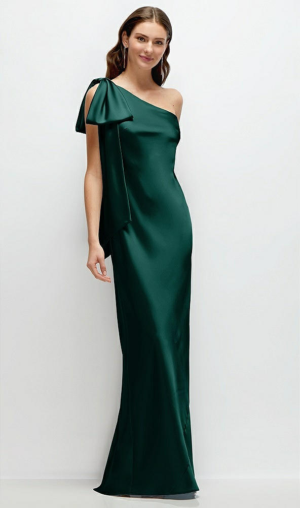 Front View - Evergreen One-Shoulder Bias-Cut Satin Maxi Dress with Cascading Shoulder Bow