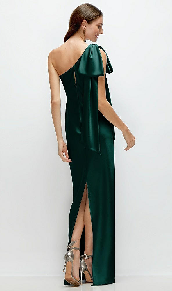 Back View - Evergreen One-Shoulder Bias-Cut Satin Maxi Dress with Cascading Shoulder Bow