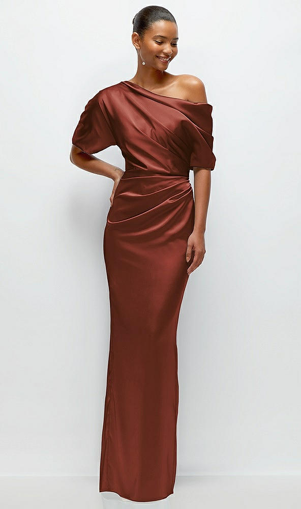 Front View - Auburn Moon Asymmetrical Off-the-Shoulder Pleated Satin Maxi Dress