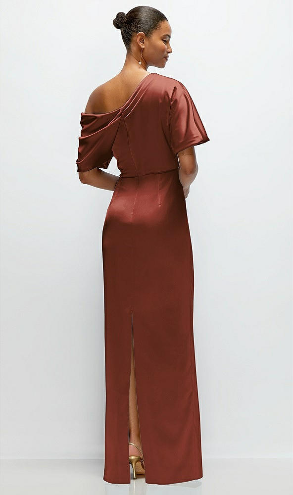 Back View - Auburn Moon Asymmetrical Off-the-Shoulder Pleated Satin Maxi Dress