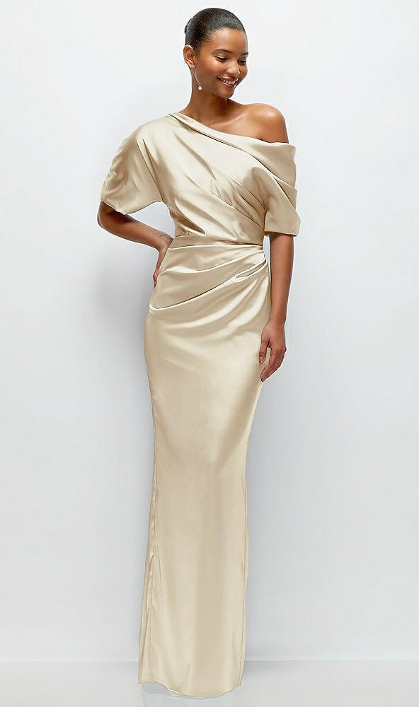 Front View - Champagne Asymmetrical Off-the-Shoulder Pleated Satin Maxi Dress