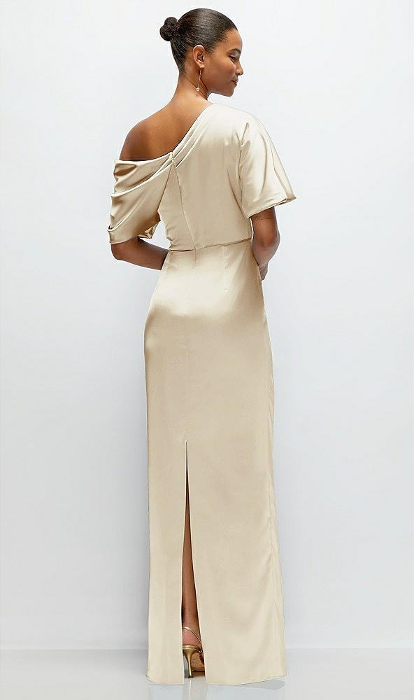 Back View - Champagne Asymmetrical Off-the-Shoulder Pleated Satin Maxi Dress