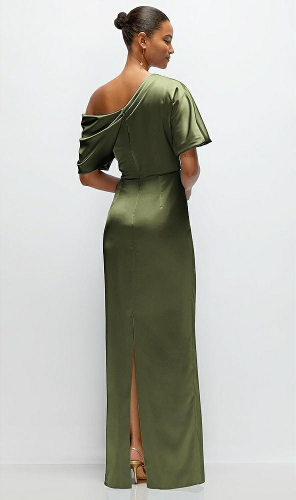 Back View - Olive Green Asymmetrical Off-the-Shoulder Pleated Satin Maxi Dress