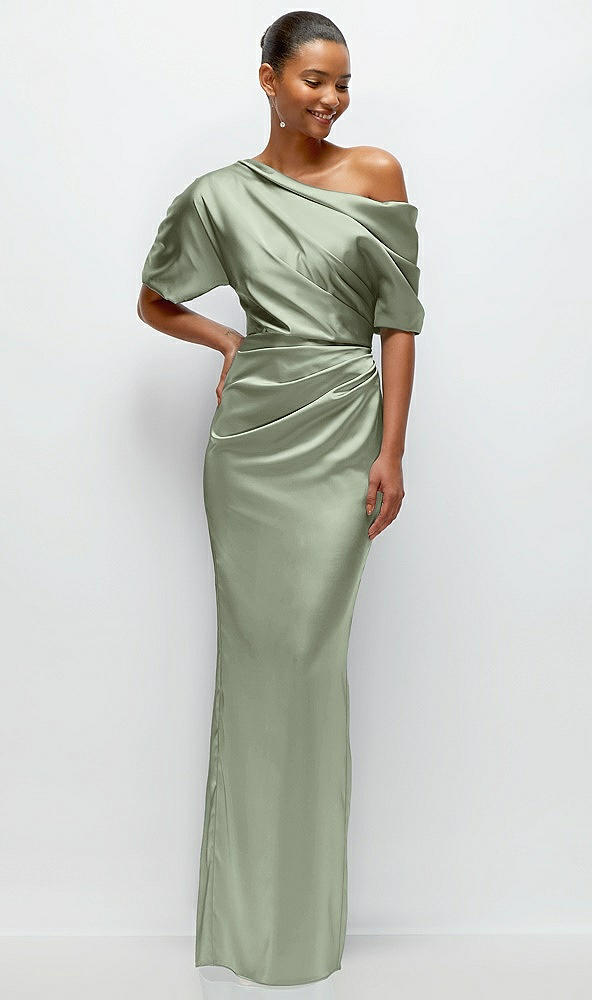 Front View - Sage Asymmetrical Off-the-Shoulder Pleated Satin Maxi Dress